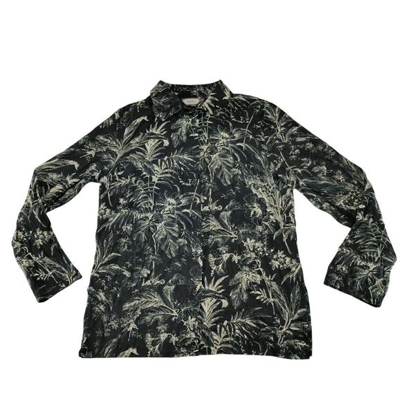 Saiph Elegant Black & Tan Tropical Print‎ Long Sleeve Button-Down Shirt Size M - Picture 1 of 9